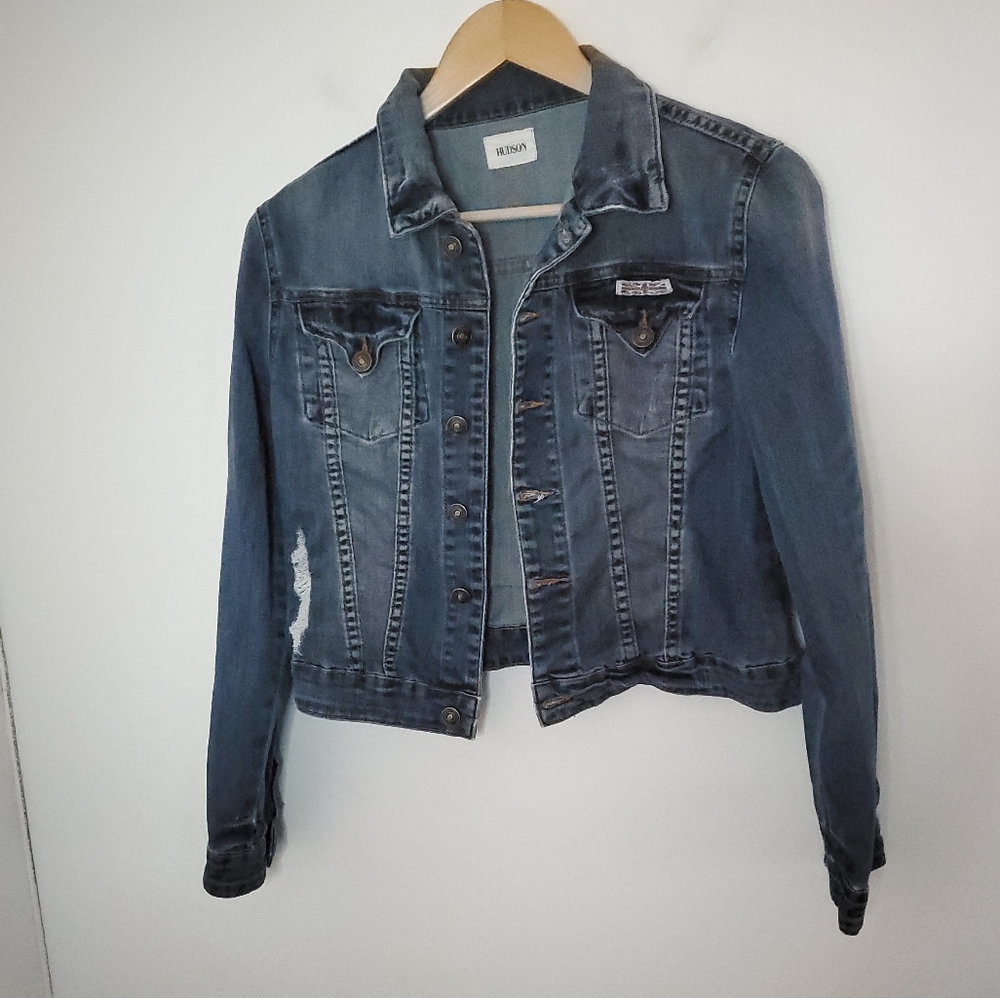 Hudson Distressed Denim Trucker Jacket L - Picture 2 of 7